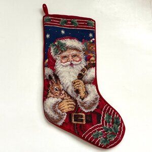 Needlepoint Christmas Stocking Santas Sack Gifts Presents Toys Bunny 17 Inch